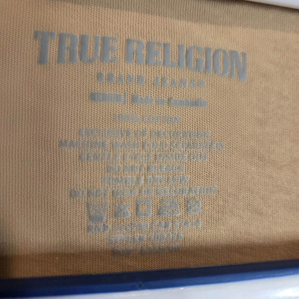 True Religion TShirt Men Medium Tan Side Tape Logo Graphic Tee 100% Cotton